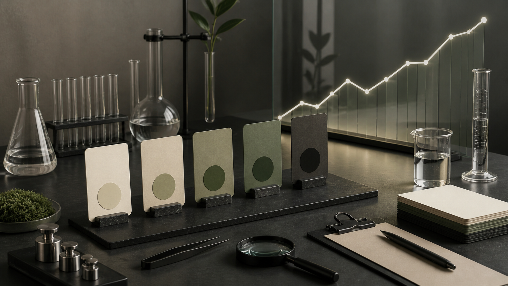 A pricing experiment desk with calibrated cards, glassware, and an upward measurement line.