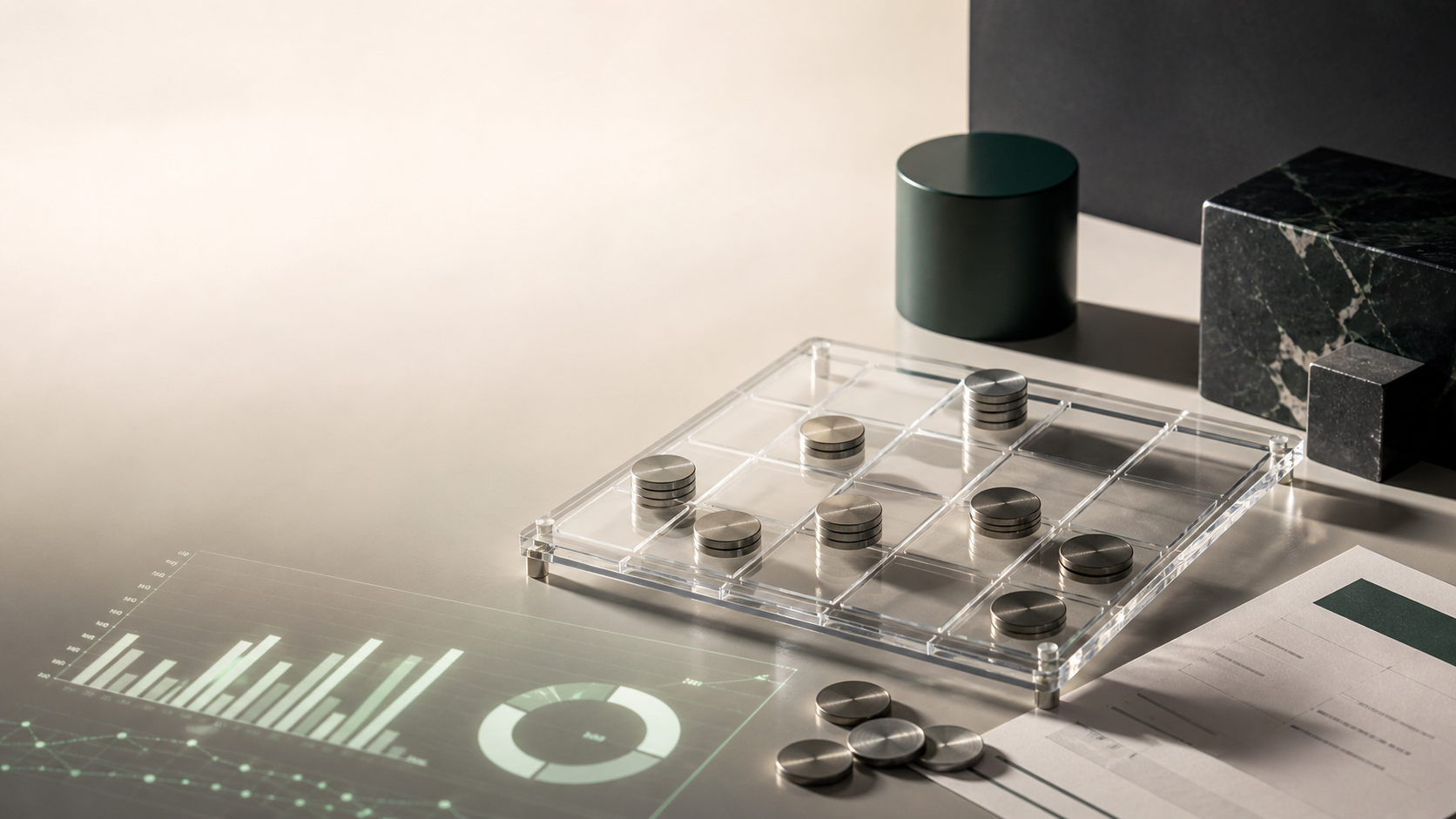 A transparent board with metal pricing tokens and financial charts on a desk.