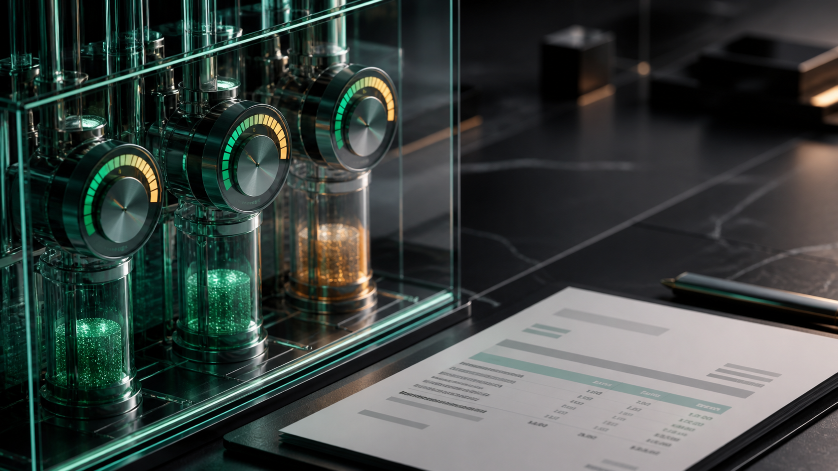 Glass usage meters beside a clean invoice on a dark operations desk.